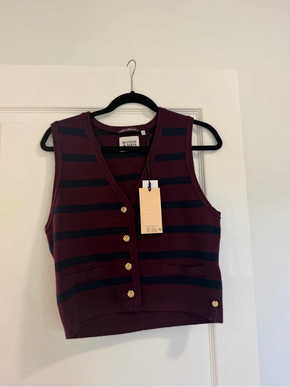 NWT Scotch & Soda Burgundy and Navy Striped V-Neck Knit Vest